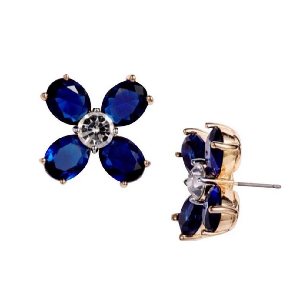 Tory Burch Blue Crystal Flower Stud Earrings Gold Tone Floral Earrings